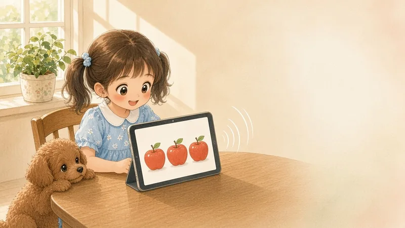 タブレットの よみあげを 聞く 女の子と 子犬の イラスト