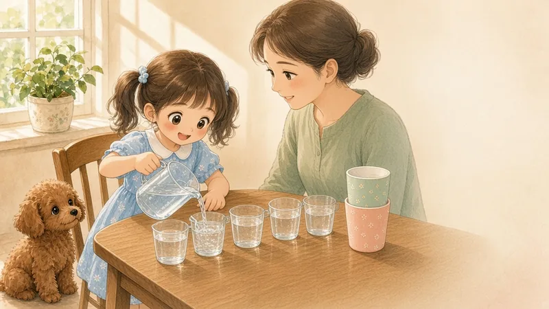 計量カップから 小さな コップへ 水を そそぐ 女の子の イラスト