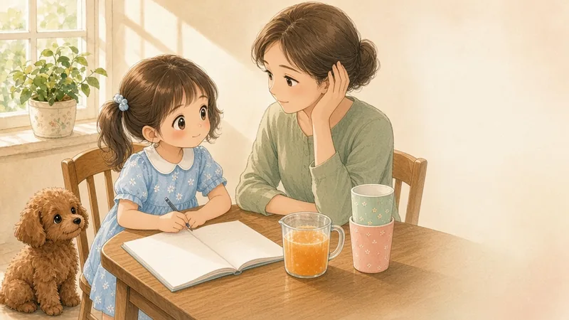 となりの 女の子に どう 説明するか なやむ おかあさんの イラスト
