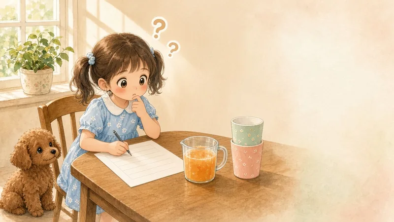 プリントを 前に 首を かしげて 考える 女の子と 子犬の イラスト