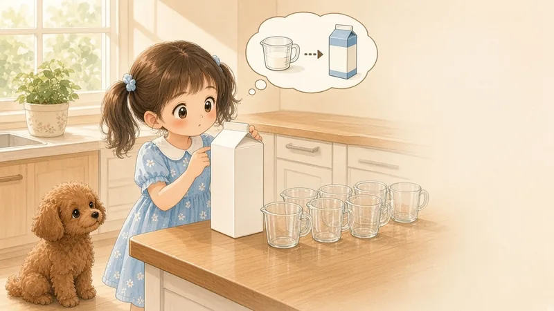 牛乳パックと 小さな カップを 見くらべて 考える 女の子の イラスト